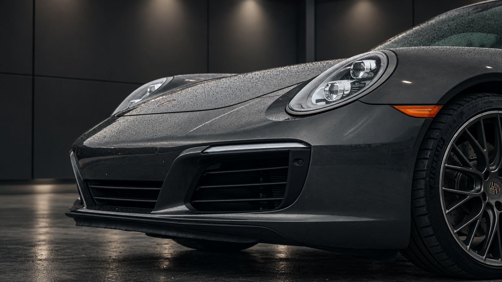 Grå Porschefront med vattendroppar på lacken i ett mörkt showroom
